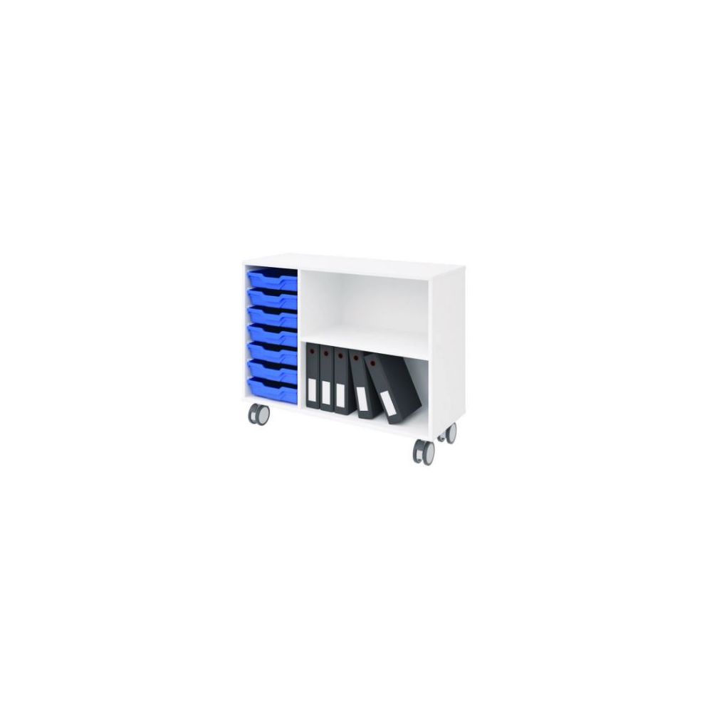 Biblio bois à roulettes L104xH90x40cm - 7 bacs BLEU + 1 étagère GRIS