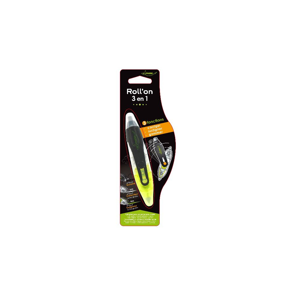 Correcteur + Gomme + Surligneur Jaune - Roll'on 3/1 - ULMANN - Z