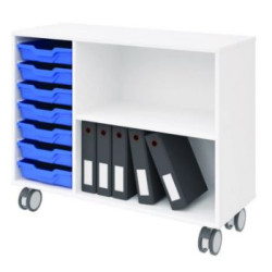 Biblio bois à roulettes L104xH90x40cm - 7 bacs BLEU + 1 étagère GRIS